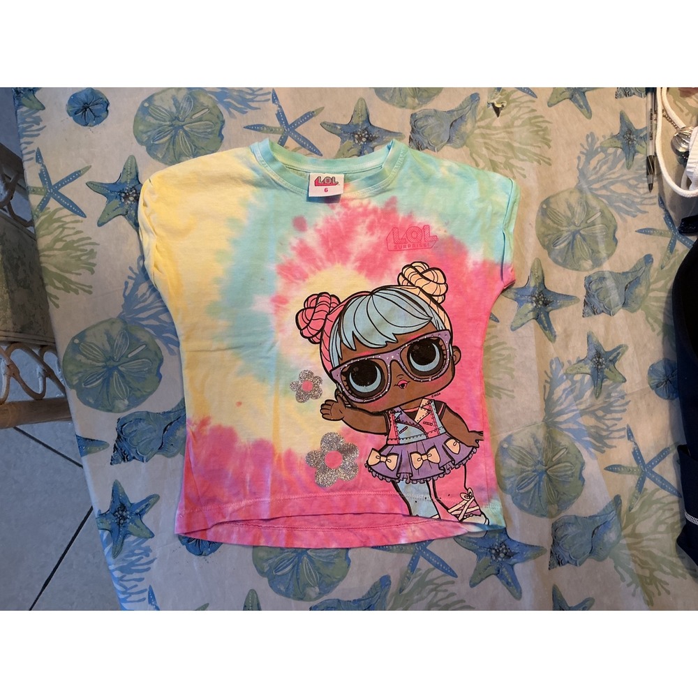 L.O.L. Surprise! Graphic Tee Girls 6 Pink Yellow Tie Dye Excellent Glitter Shirt
